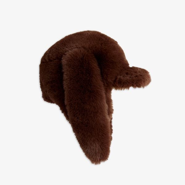 Brown faux fur cap featuring long floppy rabbit ears and a small front visor.