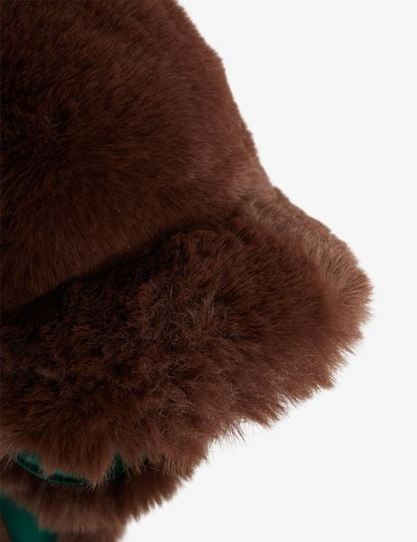 Close-up of the ultra-soft brown faux fur texture on the rabbit ear cap.