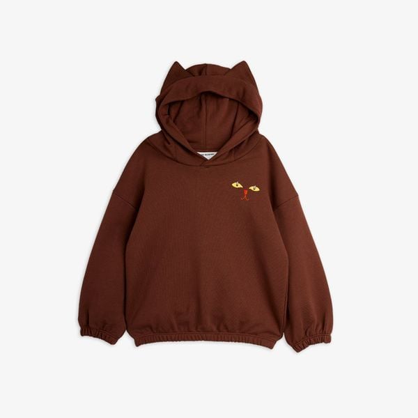 Brown hoodie featuring pointed cat ears on the hood and a cat face print with yellow eyes on the chest.