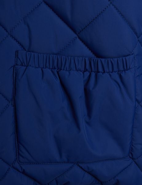 Close-up of a blue quilted jacket featuring a front pocket with an elasticated opening.