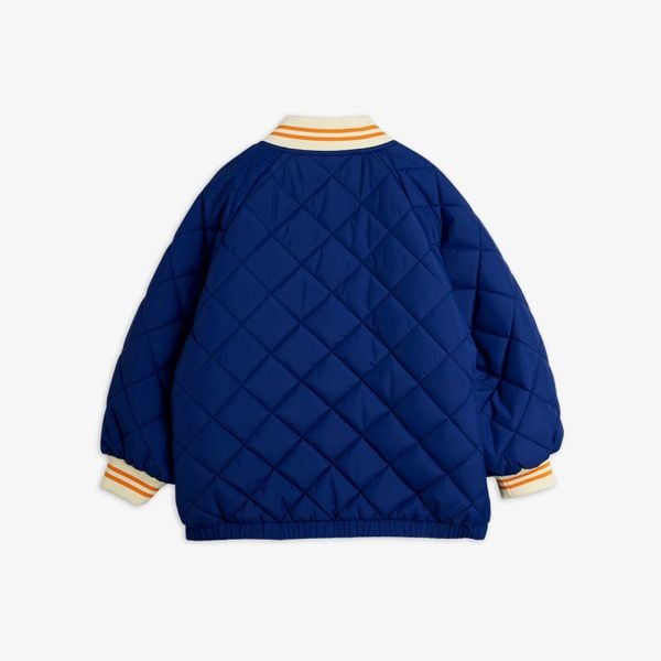 Blue quilted puffer jacket with striped ribbed collar and cuffs, shown from the back.