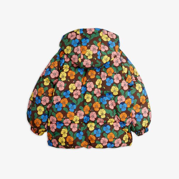 Heavy puffer jacket featuring a colorful Violas flower print and a hood, shown from the back.