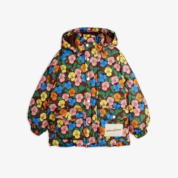 Heavy puffer jacket with colorful Violas print, hood, and front pockets with gold snap buttons.