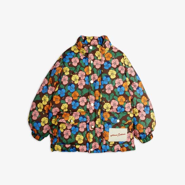Heavy puffer jacket with a colorful Violas print, front pockets, and a Mini Rodini patch.