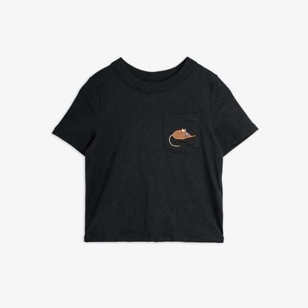 Black short-sleeved organic cotton T-shirt featuring a chest pocket with an embroidered Elephant Shrew.