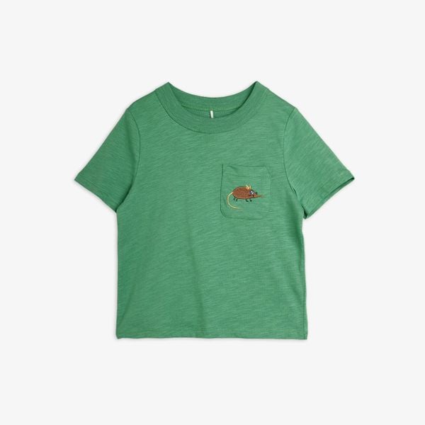 Green short-sleeved T-shirt featuring a chest pocket with an embroidered Elephant Shrew.