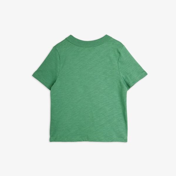 Green organic cotton short-sleeved T-shirt with a slub texture, shown from the back.