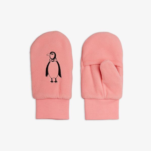 Pink microfleece mittens featuring penguin embroidery, overlapping cuffs, and ribbed wrists.