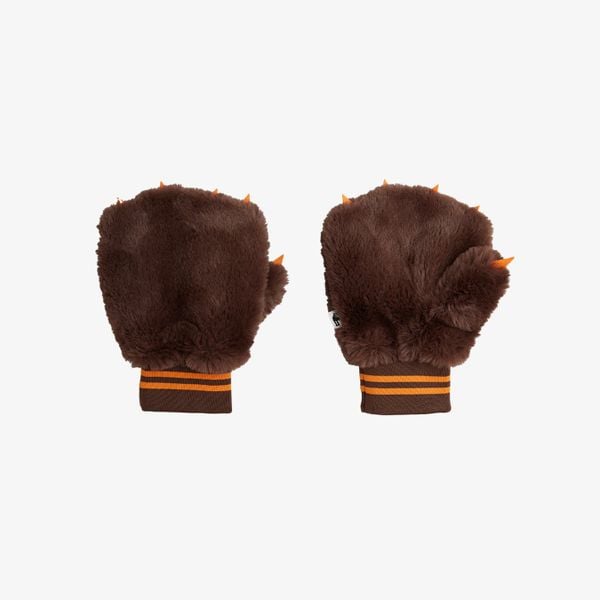 Brown faux fur mittens with orange claw appliqués and striped ribbed cuffs.