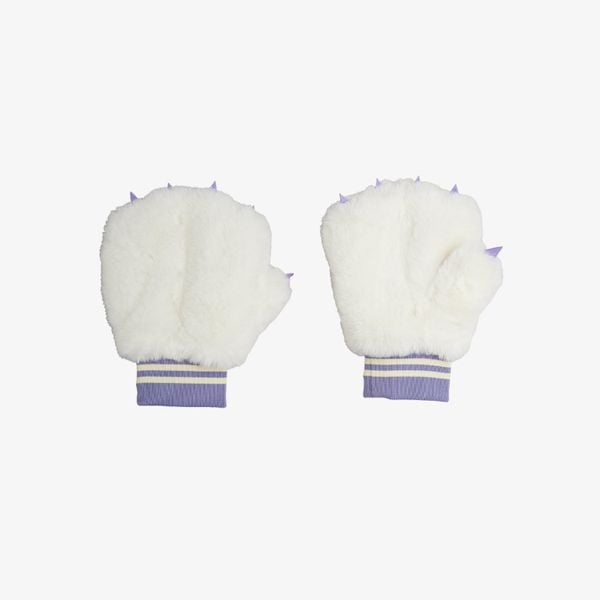 Off-white faux fur mittens featuring purple claw appliqués and striped ribbed cuffs.