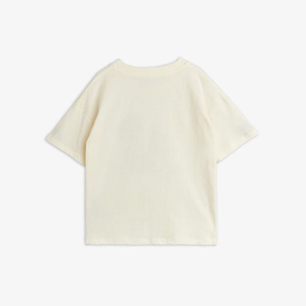 Off-white short-sleeved T-shirt with a ribbed crew neck, shown from the back.
