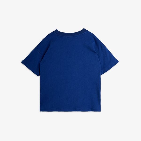Blue short-sleeved t-shirt viewed from the back, featuring a ribbed crew neck.