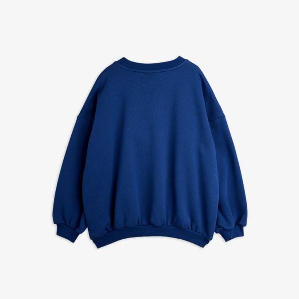 Blue crew neck sweatshirt featuring ribbed trims, viewed from the back.