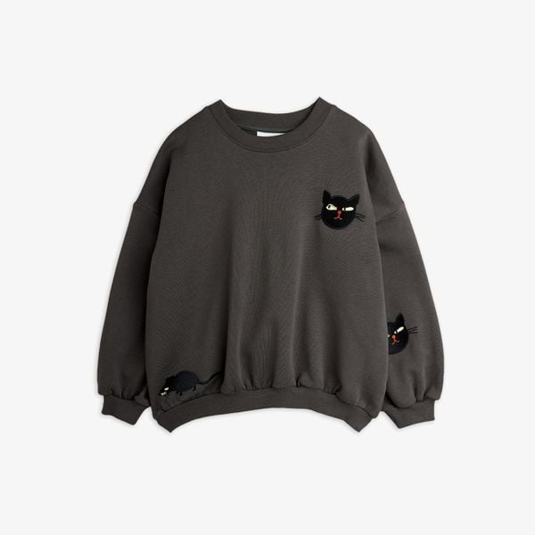 Grey sweatshirt featuring embroidered cat and rat motifs, crew neck, and dropped shoulders.