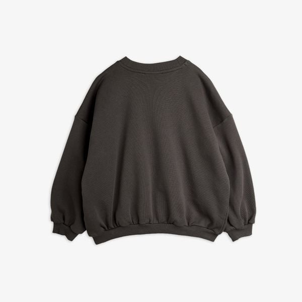 Grey crew neck sweatshirt with dropped shoulders and ribbed trims shown from the back.