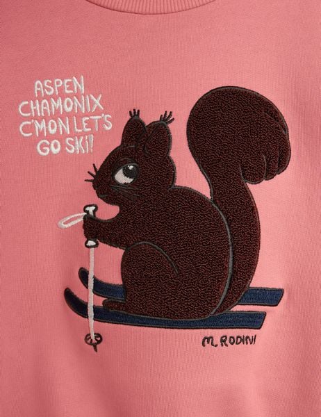 Close-up of a pink sweatshirt featuring a skiing squirrel chenille patch with text.