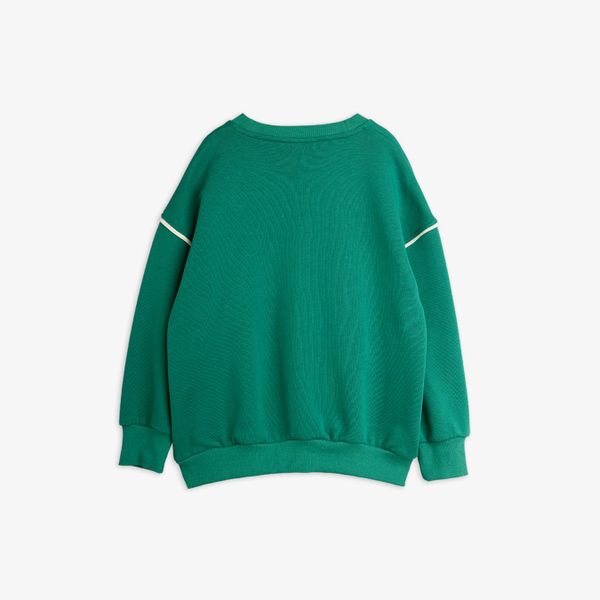 Green crew neck sweatshirt with ribbed trims and white shoulder piping, shown from the back.