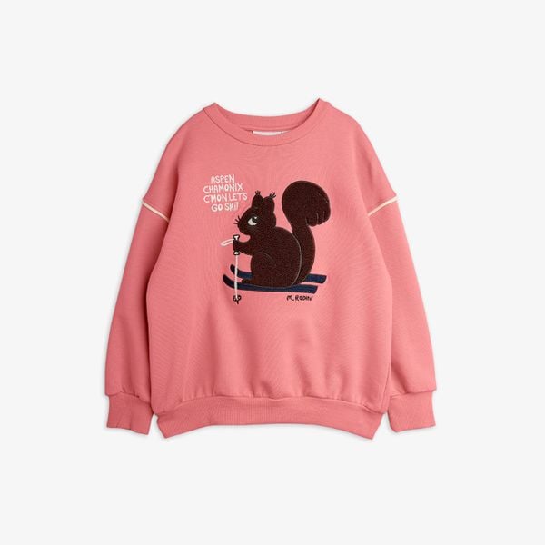 Pink sweatshirt featuring a skiing squirrel chenille patch and ribbed trims.
