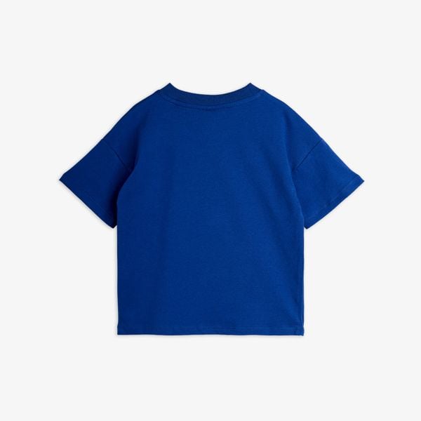 Blue short-sleeved t-shirt viewed from the back, featuring a ribbed crew neckline.