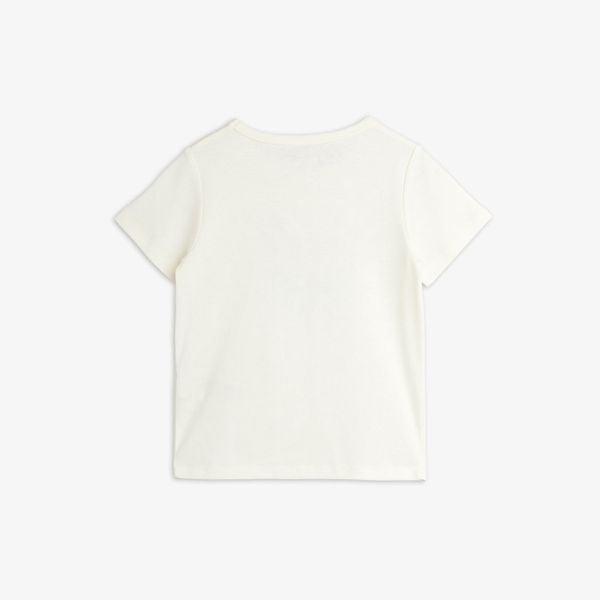 Back view of an off-white short-sleeved t-shirt with a plain back.