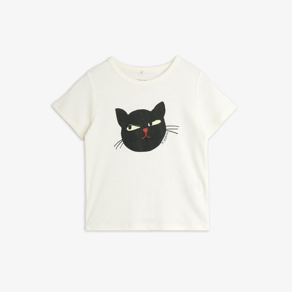 Off-white short-sleeved T-shirt featuring a black Cat print on the front with a red nose.