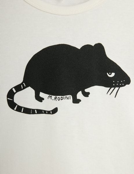Close-up of a black Rat print on an off-white background.