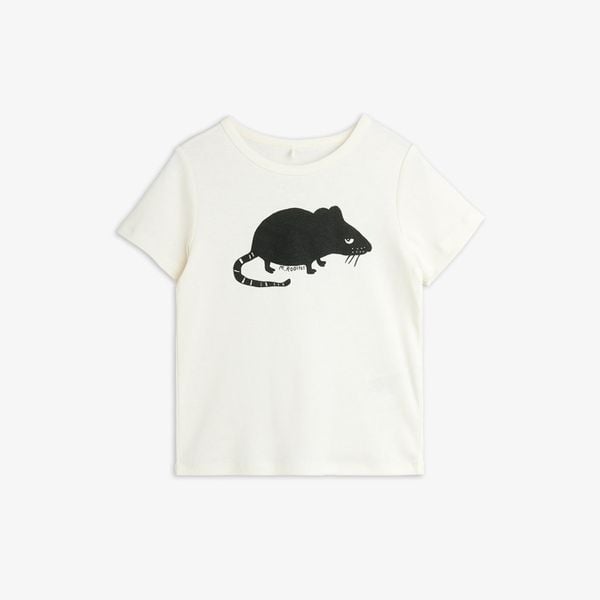 Off-white short-sleeved t-shirt featuring a black Rat print and a ribbed crew neck.