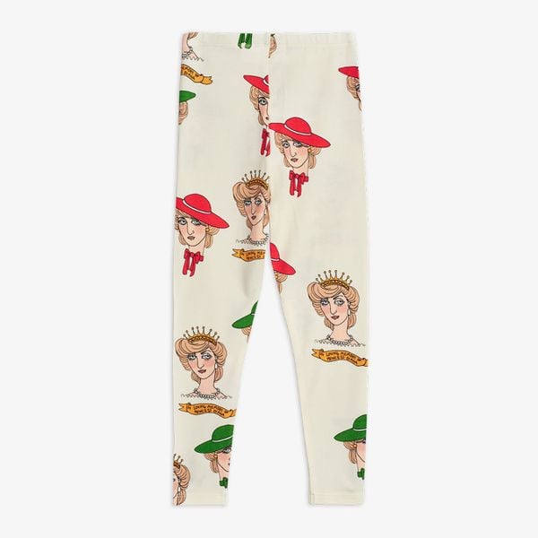 Off-white leggings featuring an all-over Diana print with colorful hats and crowns.