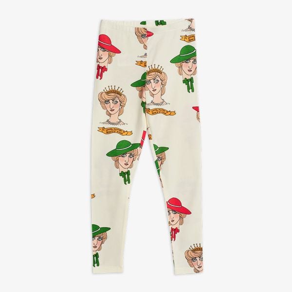 Off-white leggings featuring an all-over Diana print with portraits in hats, crowns, and banners.