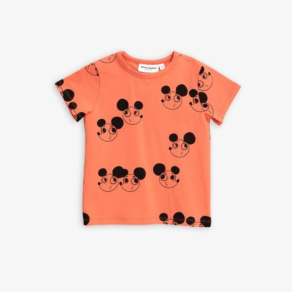 Red short-sleeved t-shirt featuring a black Ritzratz print and a round neckline.