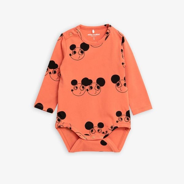 Red long sleeve bodysuit featuring a black Ritzratz print and snap buttons.