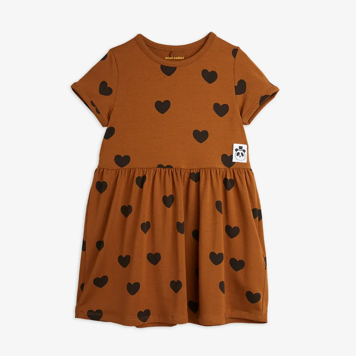 Brown kids dress with Hearts print made in soft TENCEL™ Lyocell with stretch for comfort.-image-0