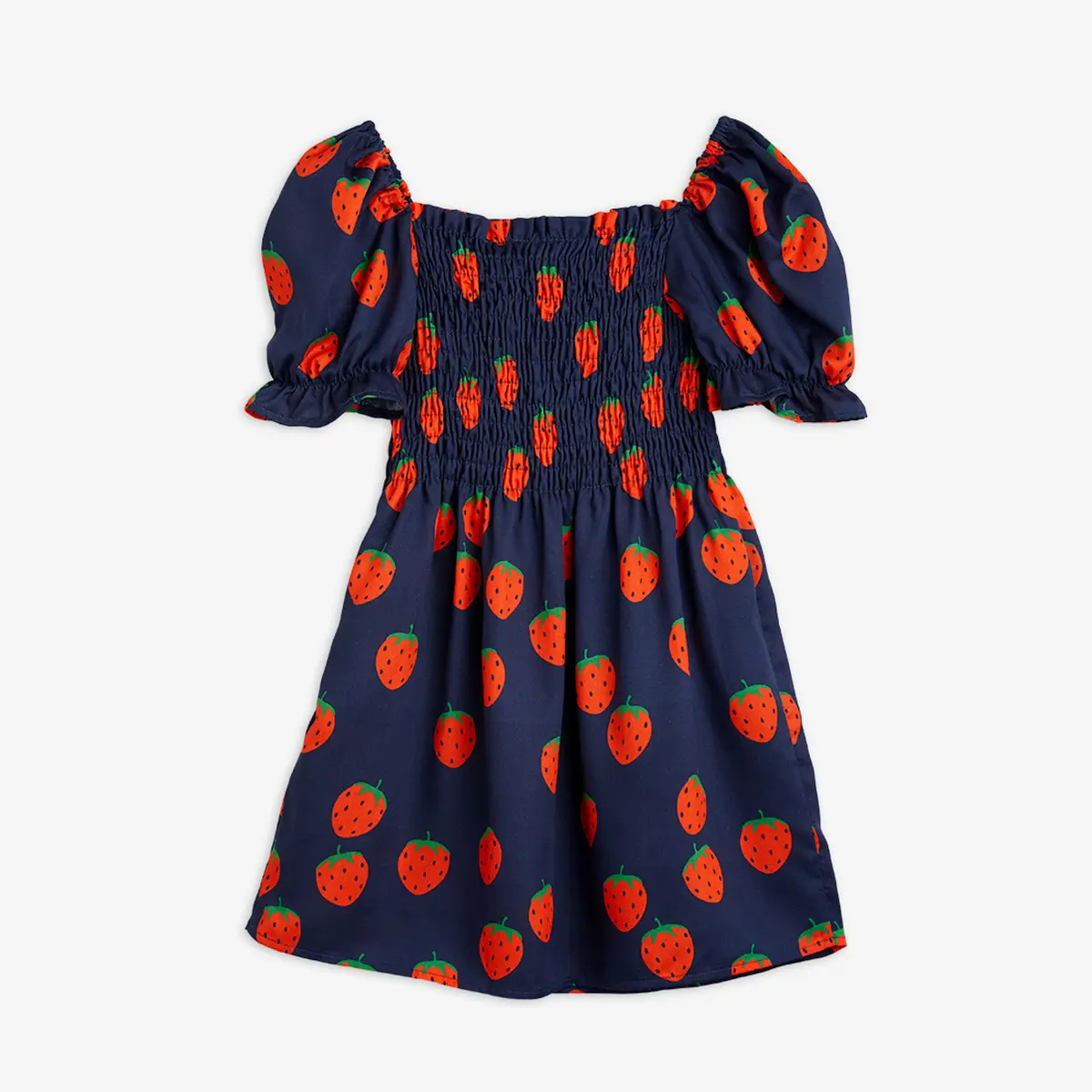 Strawberries Woven Puff Sleeve Dress Blue | Mini Rodini