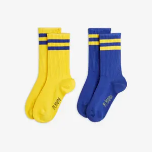 2-pack ribbed kids socks in yellow and blue, made from organic cotton blend.-image-0